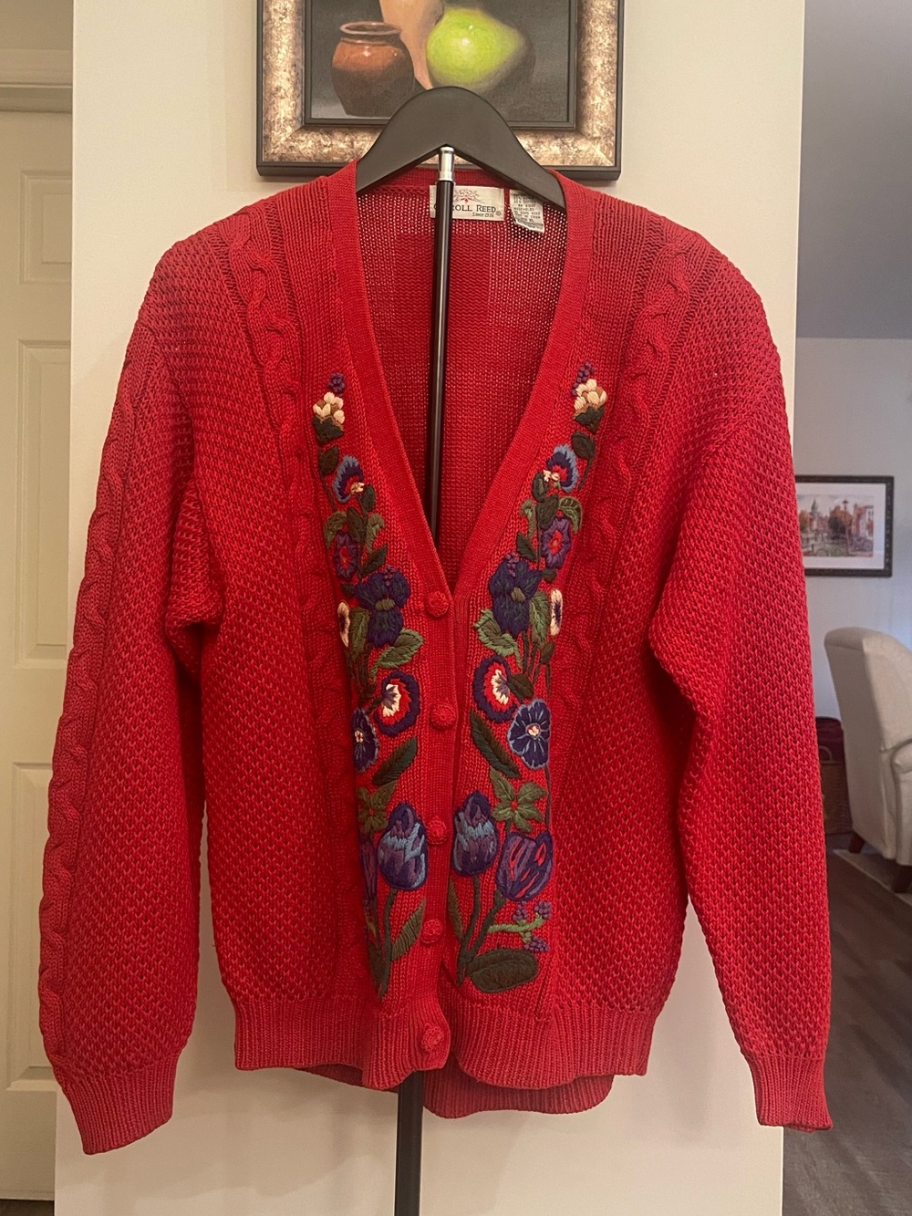Vintage Carole Reed Women's Red Embroidered Button-Front Sweater Cardigan